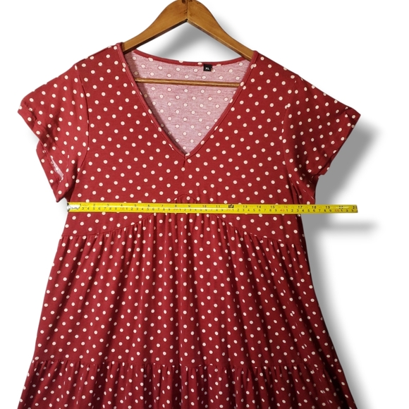 Red & White Polka Dot Mid Flowy V Neck Short Sleeve Ruffle Women Dress Size XL - Picture 6 of 8